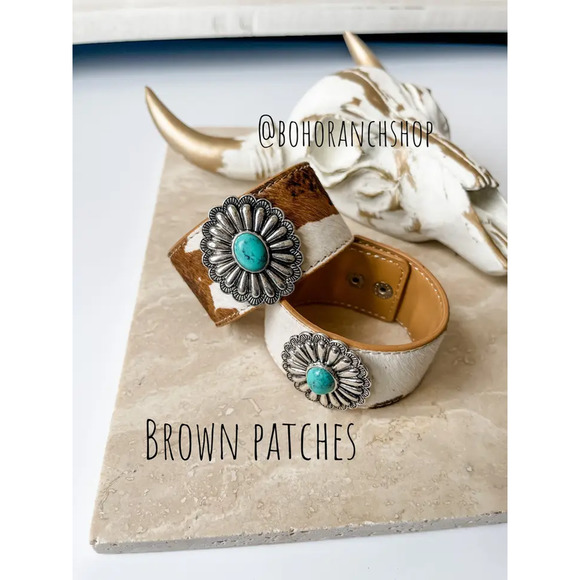 Cowhide Concho Bracelets Hair On Cowhide Genuine Leather Brown Grey Speckle - Picture 8 of 11